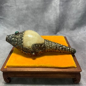 TIBETAN RITUAL CONCH WITH SILVER AND GEMSTONE INLAY