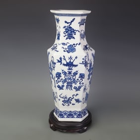 BLUE-AND-WHITE EIGHT-TREASURES HEXAGONAL PORCELAIN VASE