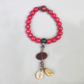 RED GEMSTONE PRAYER BEADS, 18 BEADS, WITH CRYSTAL AND GLASS