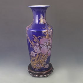 DARK BLUE COLOR GLAZE LONGEVITY PATTERN PORCELAIN VASE