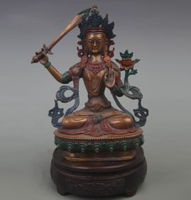 A FINE COLORED BRONZE STATUE OF MANJUSHRI BODHISATTVA