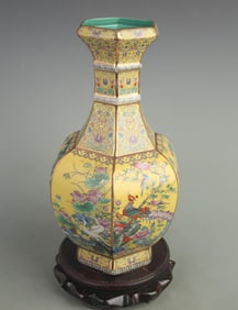 YELLOW-GROUND CONSECRATED HEXAGONAL PORCELAIN VASE