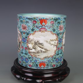 FAMILLE ROSE GREEN GROUND LANDSCAPE PATTERN BRUSH POT