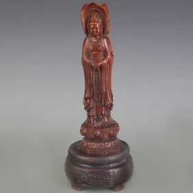 THREE-FACED GUANYIN WOOD STATUE