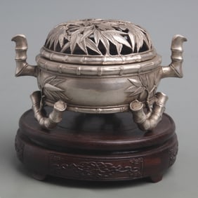 BAMBOO-STYLE WHITE BRONZE INCENSE BURNER