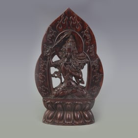 A FINE ROSEWOOD CARVED MANJUSHRI BODHISATTVA STATUE