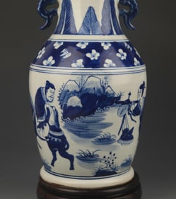 BLUE AND WHITE STORY PATTERN DOUBLE EAR PORCELAIN VASE