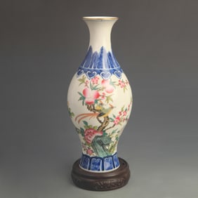 ENAMEL COLORED GUANYIN STYLE PORCELAIN VASE WITH FLORAL AND BIRD PATTERN