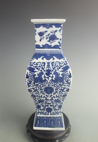 BLUE AND WHITE LOTUS PATTERN FOUR-SIDED PORCELAIN VASE