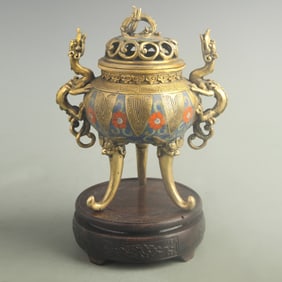 CLOISONNE TRIPLE-FOOTED BRONZE CENSER WITH DRAGON HANDLES & DRAGON COVER (BLUE)