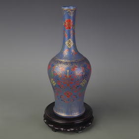 DARK BLUE GLAZED BELL SHAPED PORCELAIN VASE WITH ENAMEL DECORATION