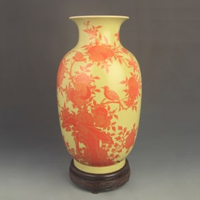 FAMILLE ROSE YELLOW GROUND PORCELAIN VASE WITH FLOWER AND BIRD DESIGN