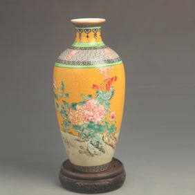 FAMILLE CLOISONNE ENAMEL YELLOW GROUND VASE WITH FLORAL AND BIRD MOTIFS