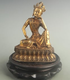 GILT BRONZE WATER-MOON GUANYIN SEATED STATUE