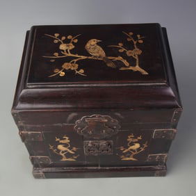 SANDALWOOD INLAID OFFICIAL BOX WITH FLORAL AND BIRD DECORATION
