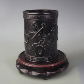 SANDALWOOD CARVED BRUSH HOLDER WITH FLORAL AND BIRD DECORATION