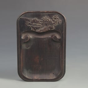EBONY WOOD CARVED INKSTONE WITH SEA AND DRAGON PATTERNS