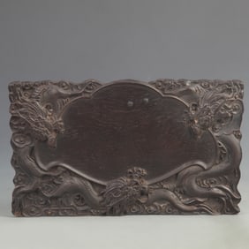 EBONY WOOD CARVED INKSTONE WITH SEA AND DRAGON PATTERNS