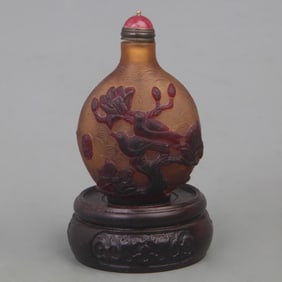 GLASS SNUFF BOTTLE WITH FLORAL AND BIRD DESIGN