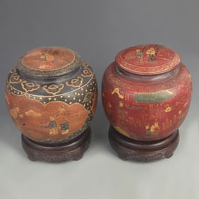 LACQUERWARE GOLD-PAINTED COURTYARD FIGURE STORY PATTERN TEA CANISTER