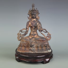 A FINE BRONZE GREEN TARA BUDDHA STATUE