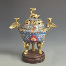 CLOISONNE ENAMEL CENSER WITH LOTUS TENDRIL PATTERN; DOUBLE PHOENIX HANDLES; AND BEAST FINIALS