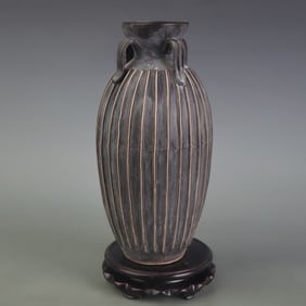 BLACK-GLAZED MELON-RIBBED OLD PORCELAIN VASE
