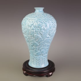 LIGHT BLUE COLOR GLAZED CARVED FIGURATIVE PORCELAIN VASE
