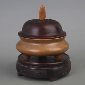 RARE THREE FOOT BRONZE CENSER WITH REDWOOD LID
