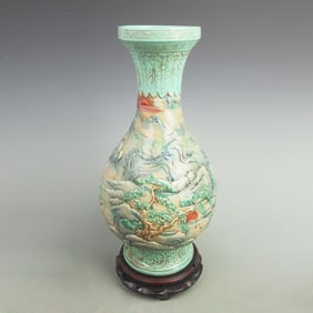 FINE FAMILLE ROSE CARVED LANDSCAPE PORCELAIN VASE