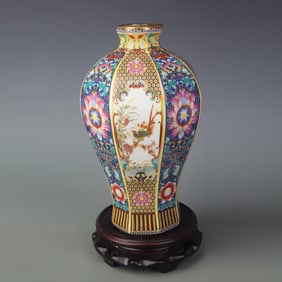 CLOISONNE ENAMEL PLUM VASE WITH FLORAL AND BIRD DECORATION