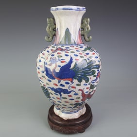 BLUE AND WHITE FAMILLE VERTE PEACOCK PATTERN PORCELAIN VASE