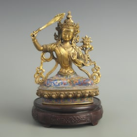 A FINE CLOISONNE ENAMEL BRONZE MANJUSRI BUDDHA