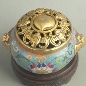 CLOISONNE ENAMEL CENSER WITH “FU?? LID AND “FU?? HANDLES