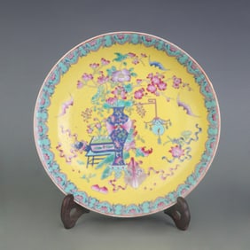 CLOISONNE ENAMEL PLATE WITH HAPPINESS, LONGEVITY, AND PROSPERITY DECORATION