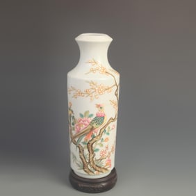 CLOISONNE ENAMEL MOUTH-RIMMED VASE WITH FLORAL AND BIRD DECORATION