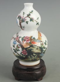 CLOISONNE ENAMEL GOURD VASE WITH FLORAL AND BIRD DECORATION