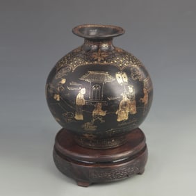 LACQUER POLYCHROME OPENWORK WOODEN VASE WITH STORY DECORATION