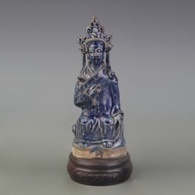 SMALL BLUE-GLAZED GUANYIN STATUE
