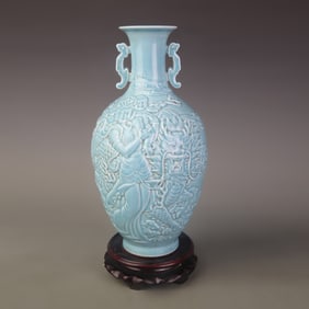SKY-BLUE-GLAZED CARVED DOUBLE-HANDLED APPRECIATION VASE