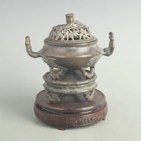 BAMBOO STYLE BRONZE INCENSE BURNER WITH BASE