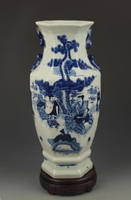 BLUE AND WHITE CHARACTER PATTERN SIX SIDED VASE