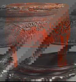 BAMBOO CARVING INCENSE BURNER WITH "THREE FORTUNES AND THREE LONGEVITIES"