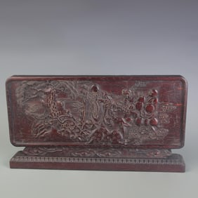 RED SANDALWOOD CARVED "FAMILY HARMONY BRINGS PROSPERITY" TABLE SCREEN