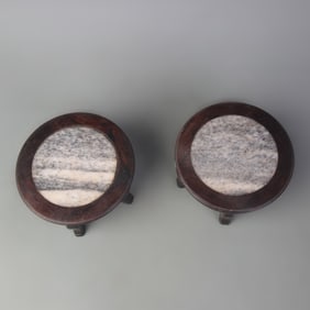PAIR OF SANDALWOOD BASES INLAID WITH MARBLE
