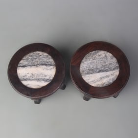 PAIR OF SANDALWOOD BASES INLAID WITH MARBLE