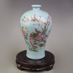 FAMILLE ROSE PLUM SHAPED PORCELAIN VASE WITH FLORAL AND BIRD DESIGN
