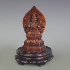 A FINE SMALL BOXWOOD MADE THOUSAND HAND GUAN YIN STATUE