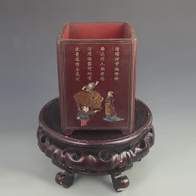 WOOD CARVED LACQUERED FIGURE STORY AND POETRY SQUARE BRUSH POT