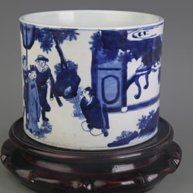 BLUE AND WHITE BRUSH POT WITH FIGURE MOTIFS